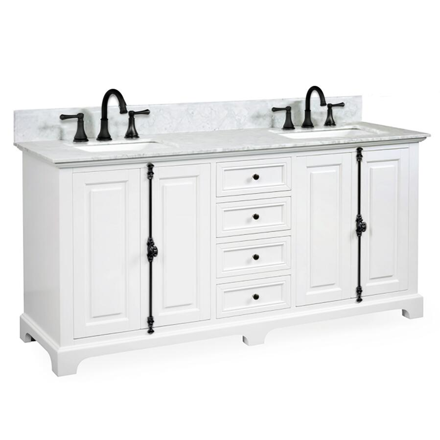 60" Icon Premium Freestanding Solid Wood White Bathroom Vanity with 1 In. Thick Premium Carrara Natural Marble Double Sink Top with 4 In. Backsplash