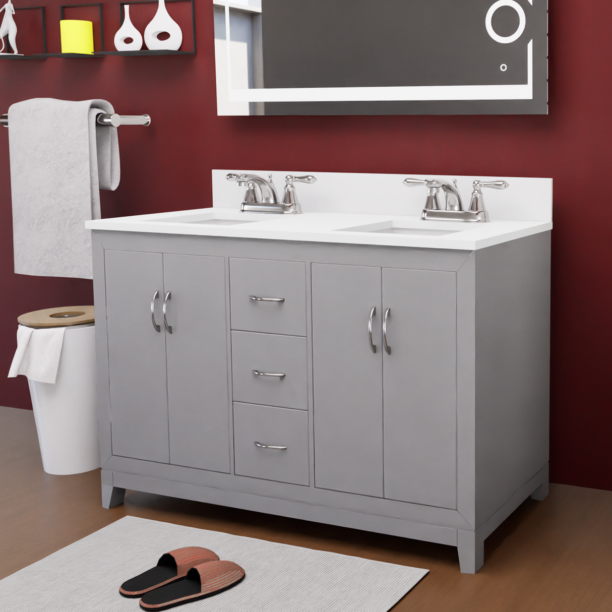 Gray 60" Luton Freestanding Solid Wood Bathroom Vanity With Crystal White Engineered Stone Double Sink Top & 4 In. Backsplash in Nature Wood Finish