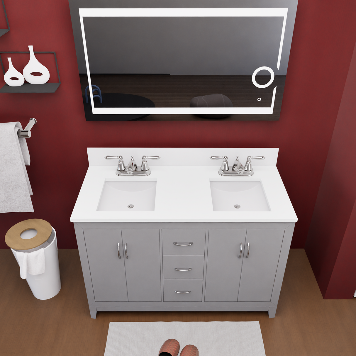 Gray 60" Luton Freestanding Solid Wood Bathroom Vanity With Crystal White Engineered Stone Double Sink Top & 4 In. Backsplash in Nature Wood Finish