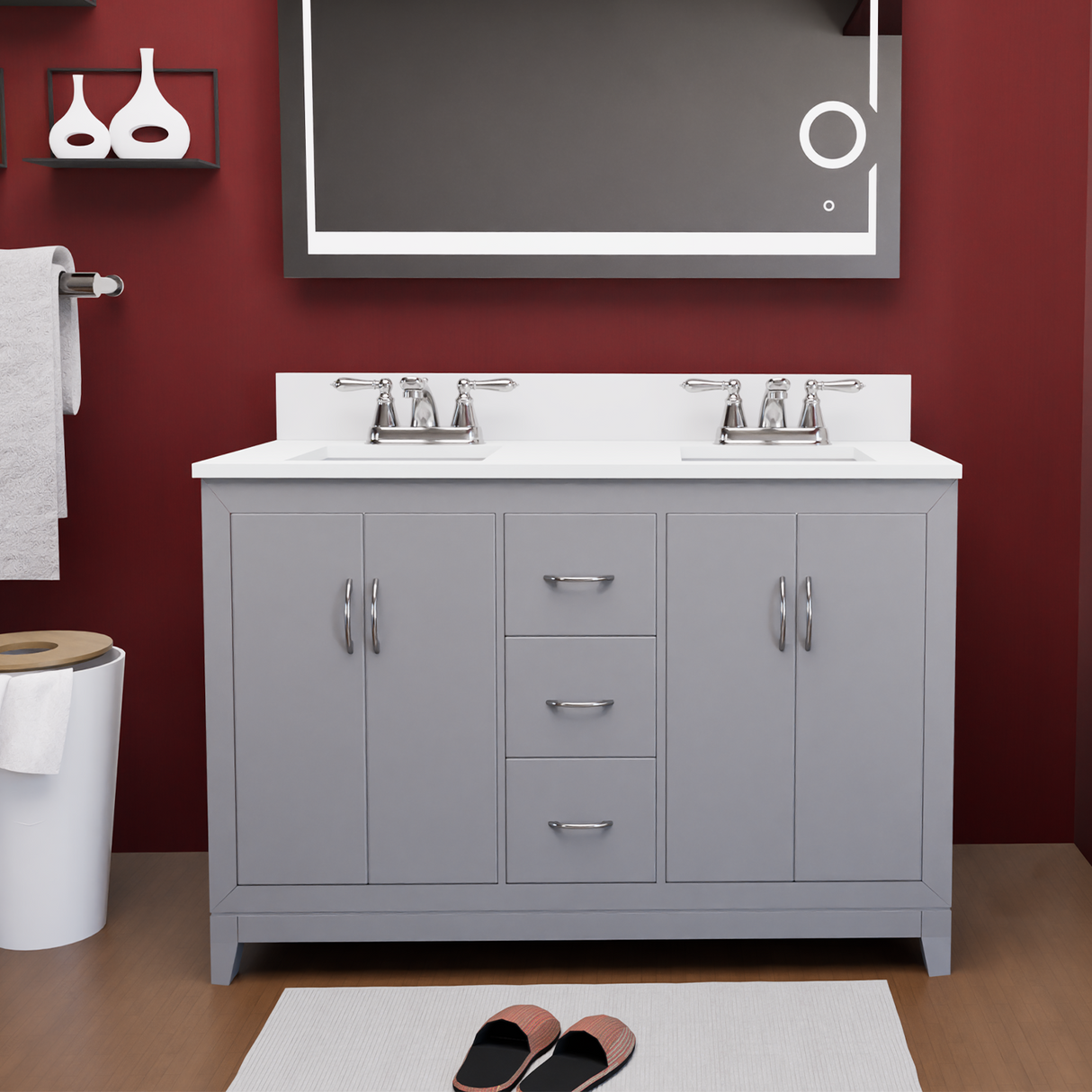 Gray 60" Luton Freestanding Solid Wood Bathroom Vanity With Crystal White Engineered Stone Double Sink Top & 4 In. Backsplash in Nature Wood Finish