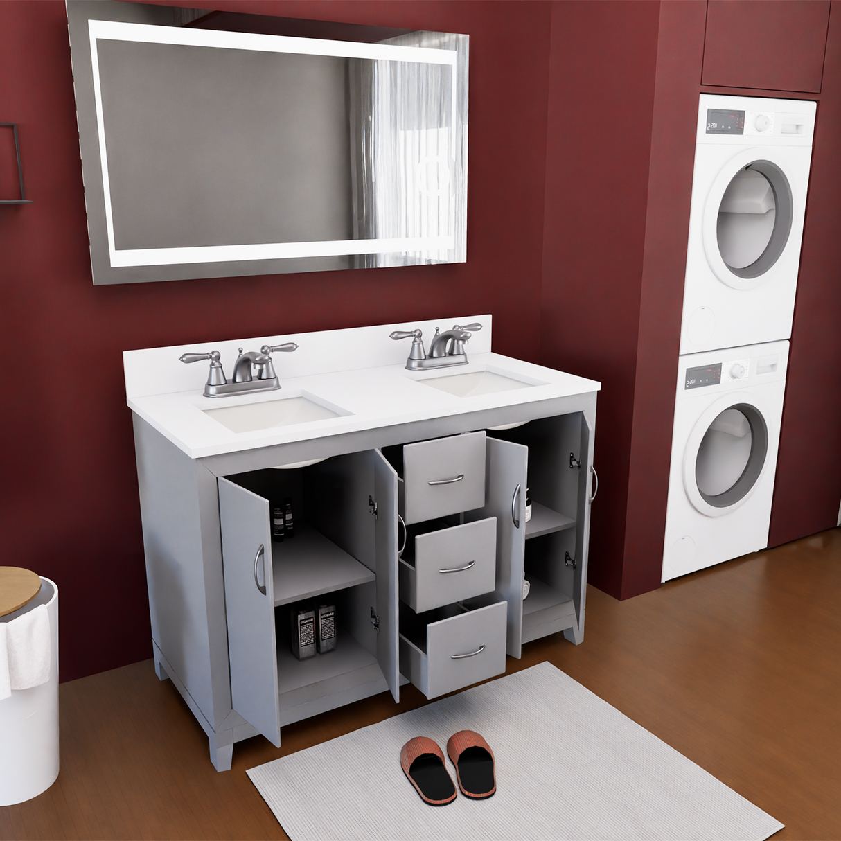 Gray 60" Luton Freestanding Solid Wood Bathroom Vanity With Crystal White Engineered Stone Double Sink Top & 4 In. Backsplash in Nature Wood Finish