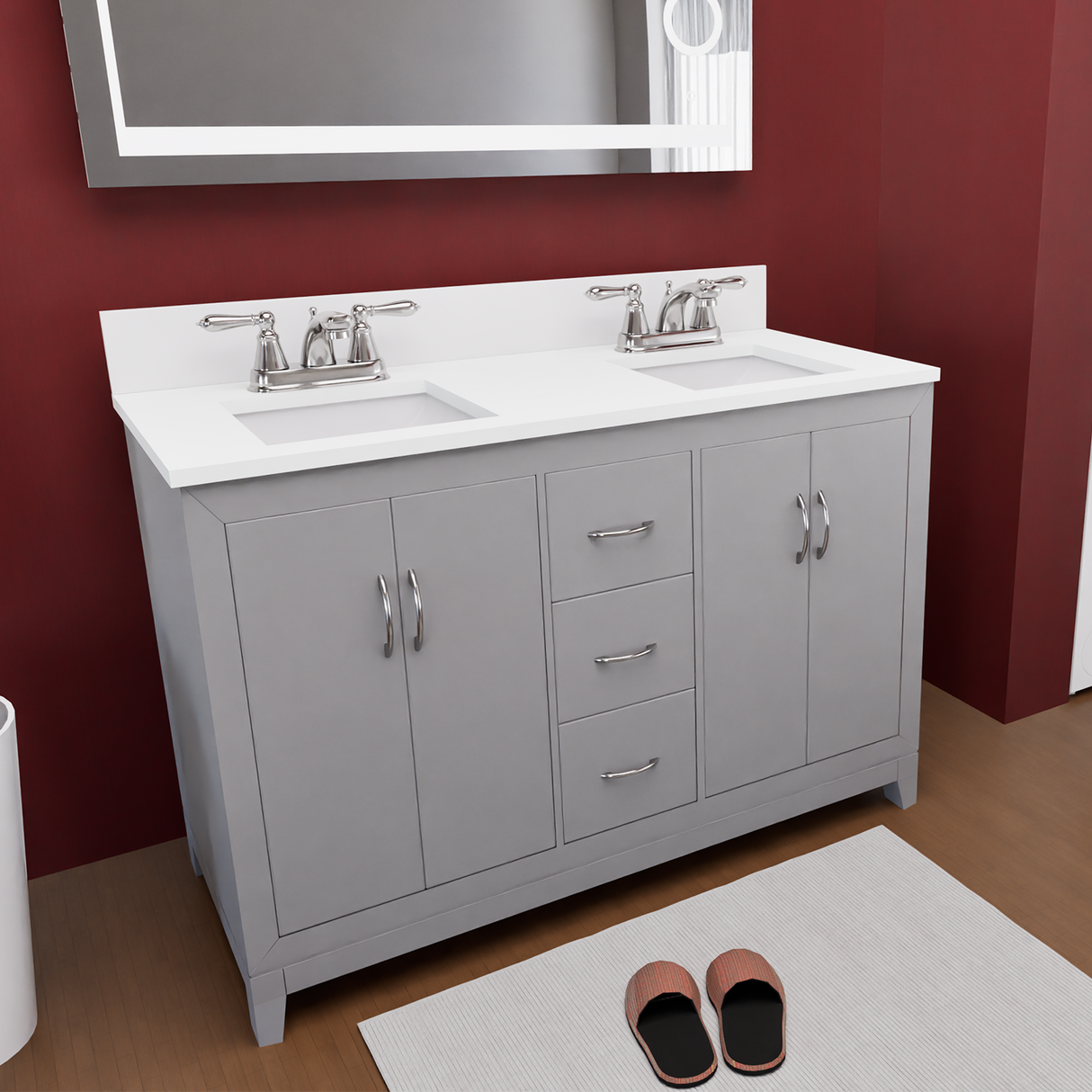 Gray 60" Luton Freestanding Solid Wood Bathroom Vanity With Crystal White Engineered Stone Double Sink Top & 4 In. Backsplash in Nature Wood Finish