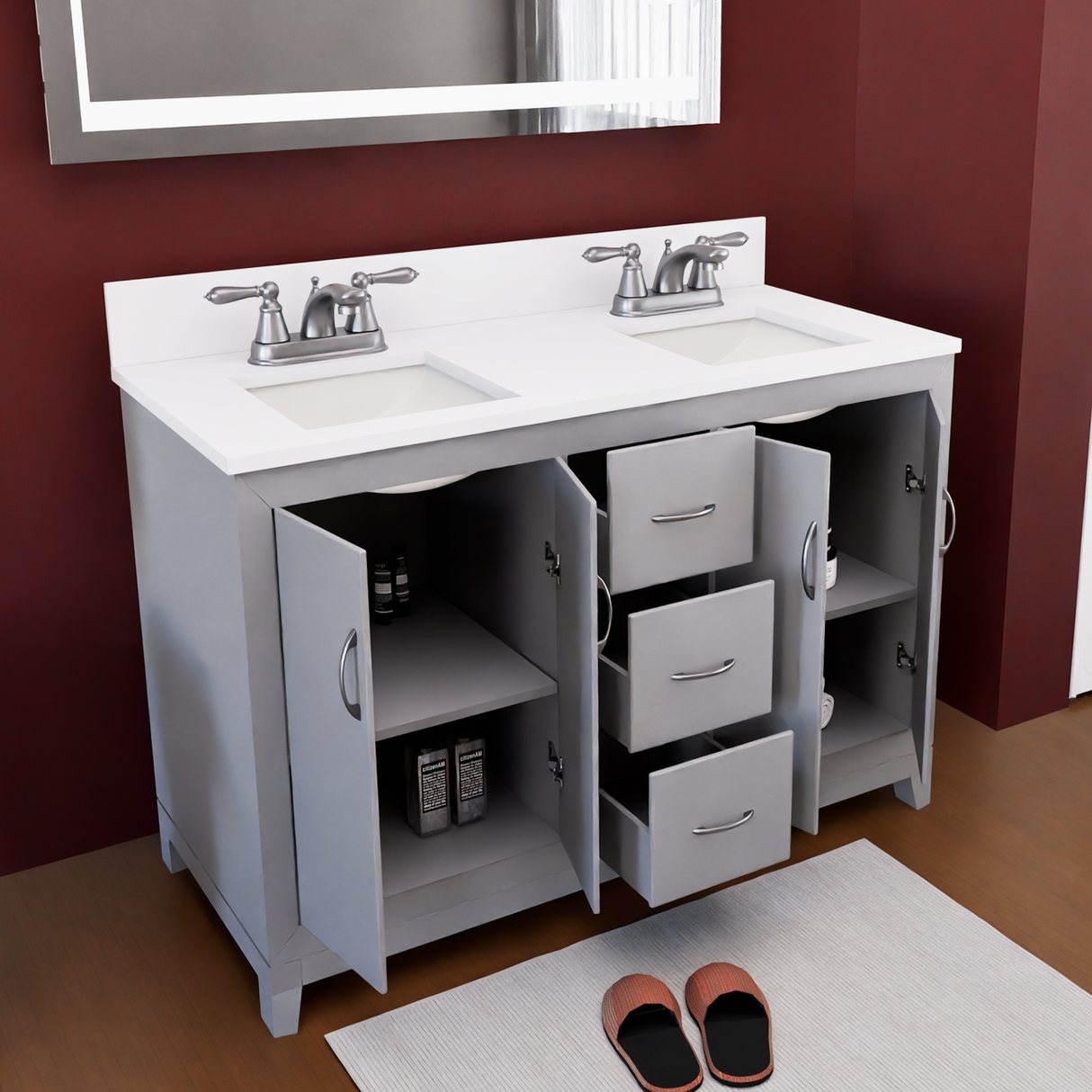 Gray 60" Luton Freestanding Solid Wood Bathroom Vanity With Crystal White Engineered Stone Double Sink Top & 4 In. Backsplash in Nature Wood Finish