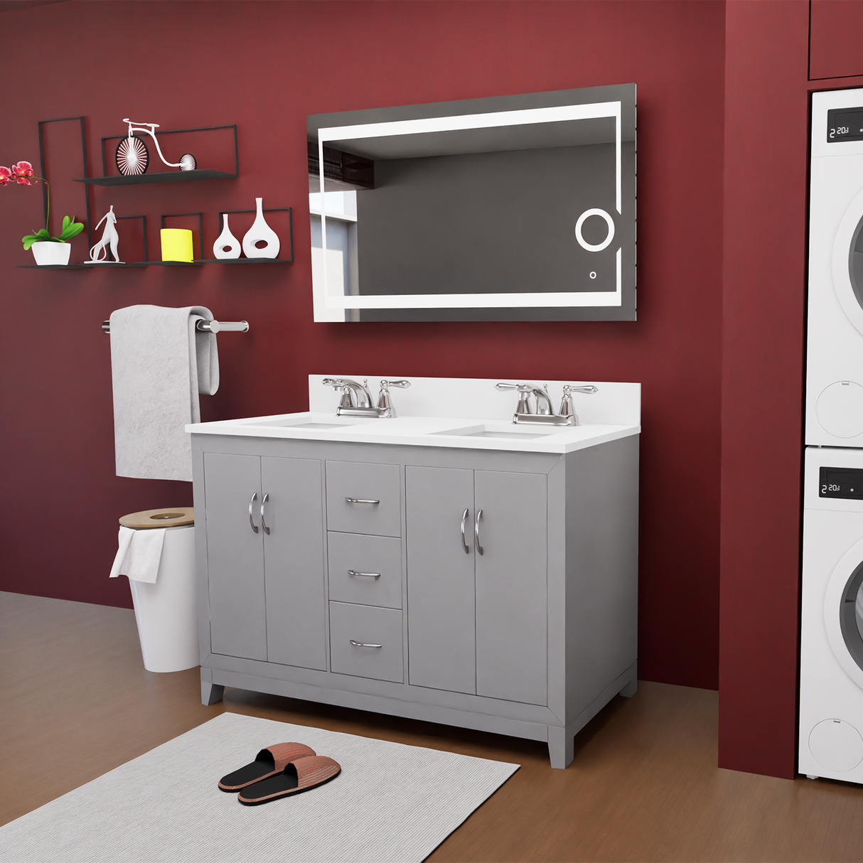 Gray 60" Luton Freestanding Solid Wood Bathroom Vanity With Crystal White Engineered Stone Double Sink Top & 4 In. Backsplash in Nature Wood Finish