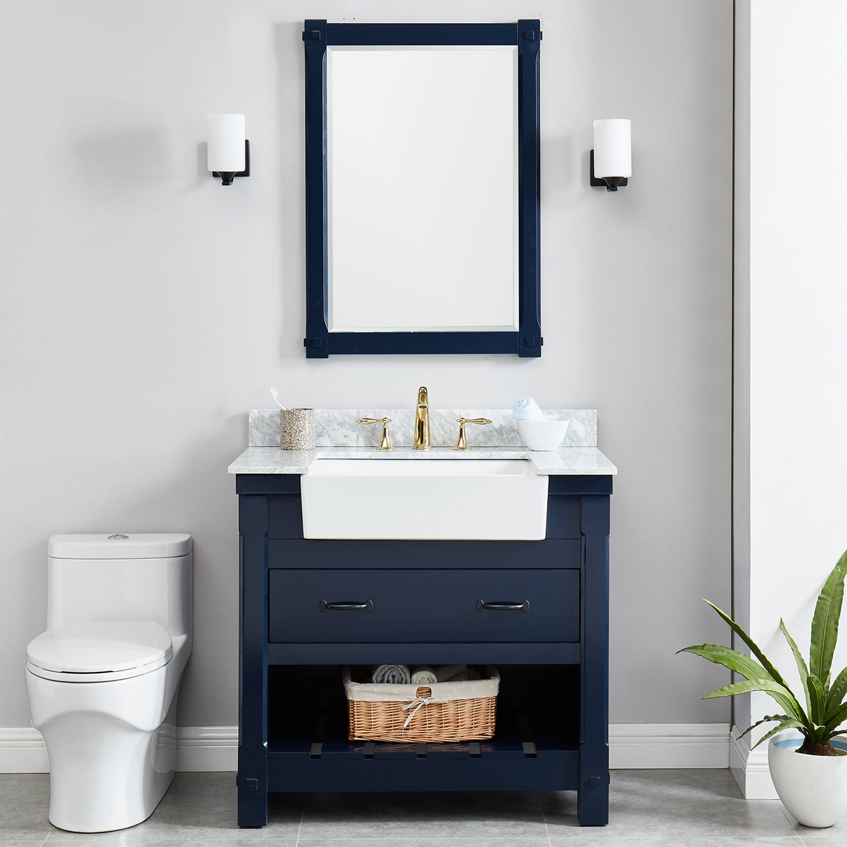36" Farmington Freestanding Solid Wood Bathroom Vanity in Navy Blue with Carrara Engineered Stone Top with 4 in. Backsplash & Apron Farmhouse Sink