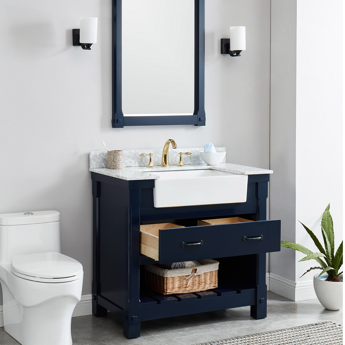 36" Farmington Freestanding Solid Wood Bathroom Vanity in Navy Blue with Carrara Engineered Stone Top with 4 in. Backsplash & Apron Farmhouse Sink
