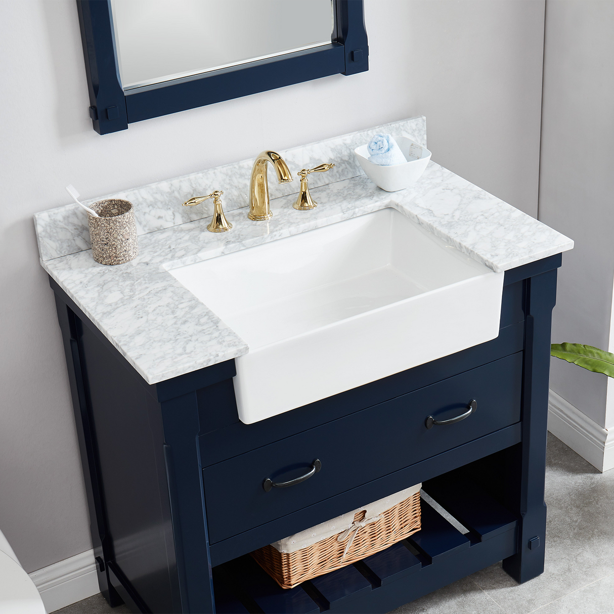 36" Farmington Freestanding Solid Wood Bathroom Vanity in Navy Blue with Carrara Engineered Stone Top with 4 in. Backsplash & Apron Farmhouse Sink
