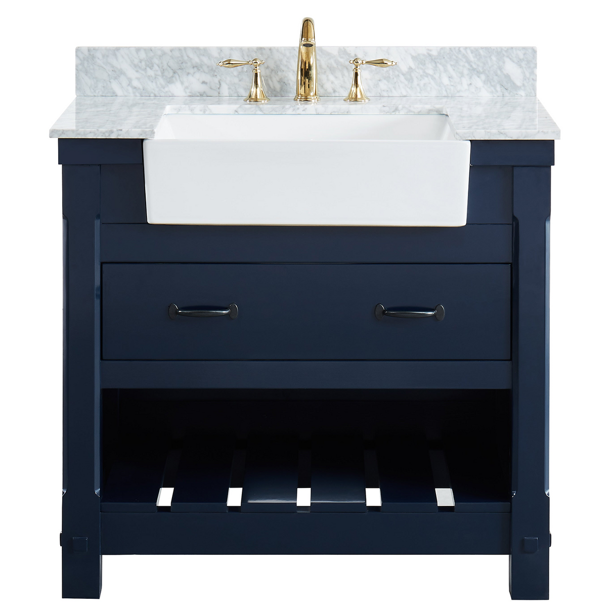36" Farmington Freestanding Solid Wood Bathroom Vanity in Navy Blue with Carrara Engineered Stone Top with 4 in. Backsplash & Apron Farmhouse Sink