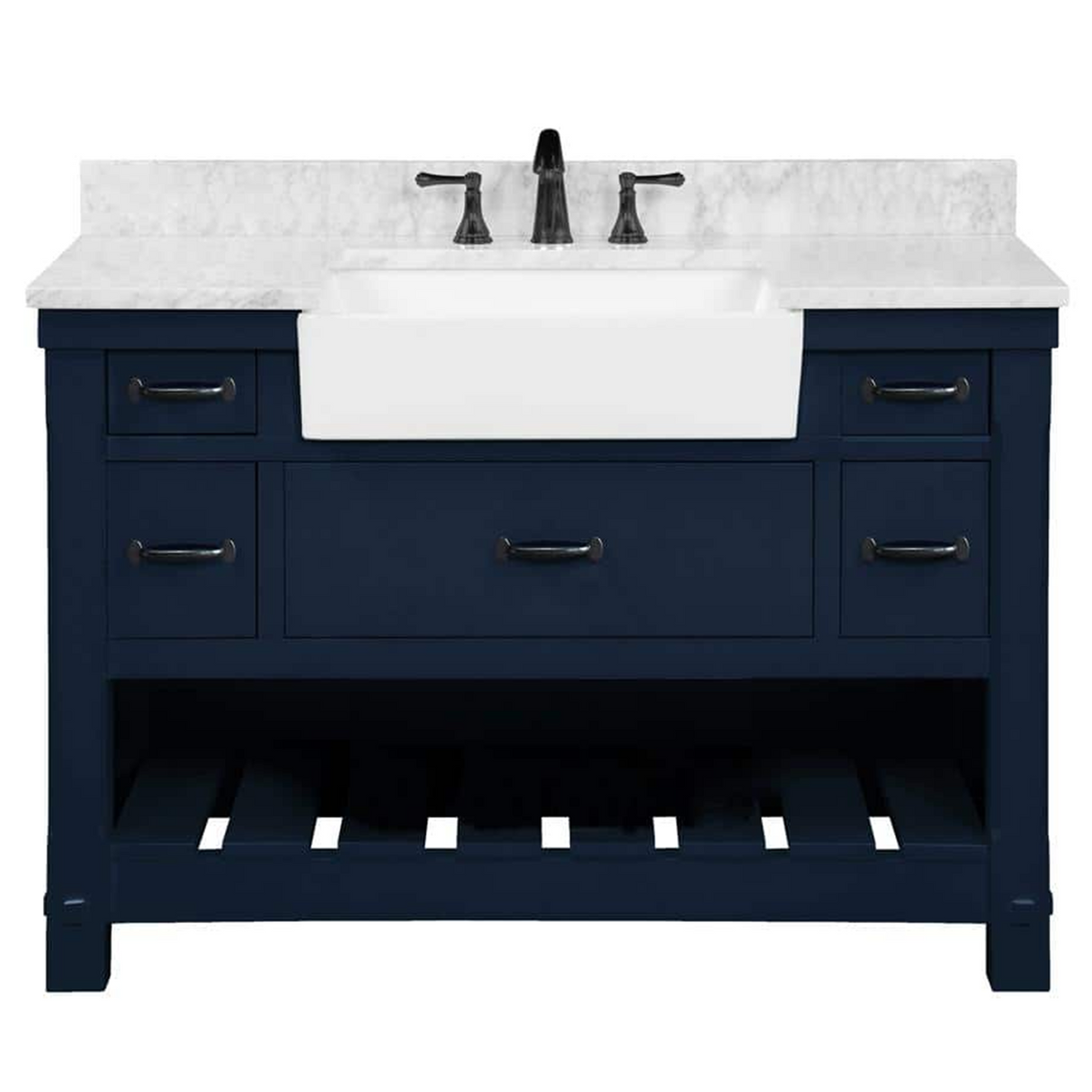 48" Farmington Freestanding Solid Wood Bathroom Vanity in Navy Blue with Carrara Engineered Stone Top with 4 in. Backsplash & Apron Farmhouse Sink