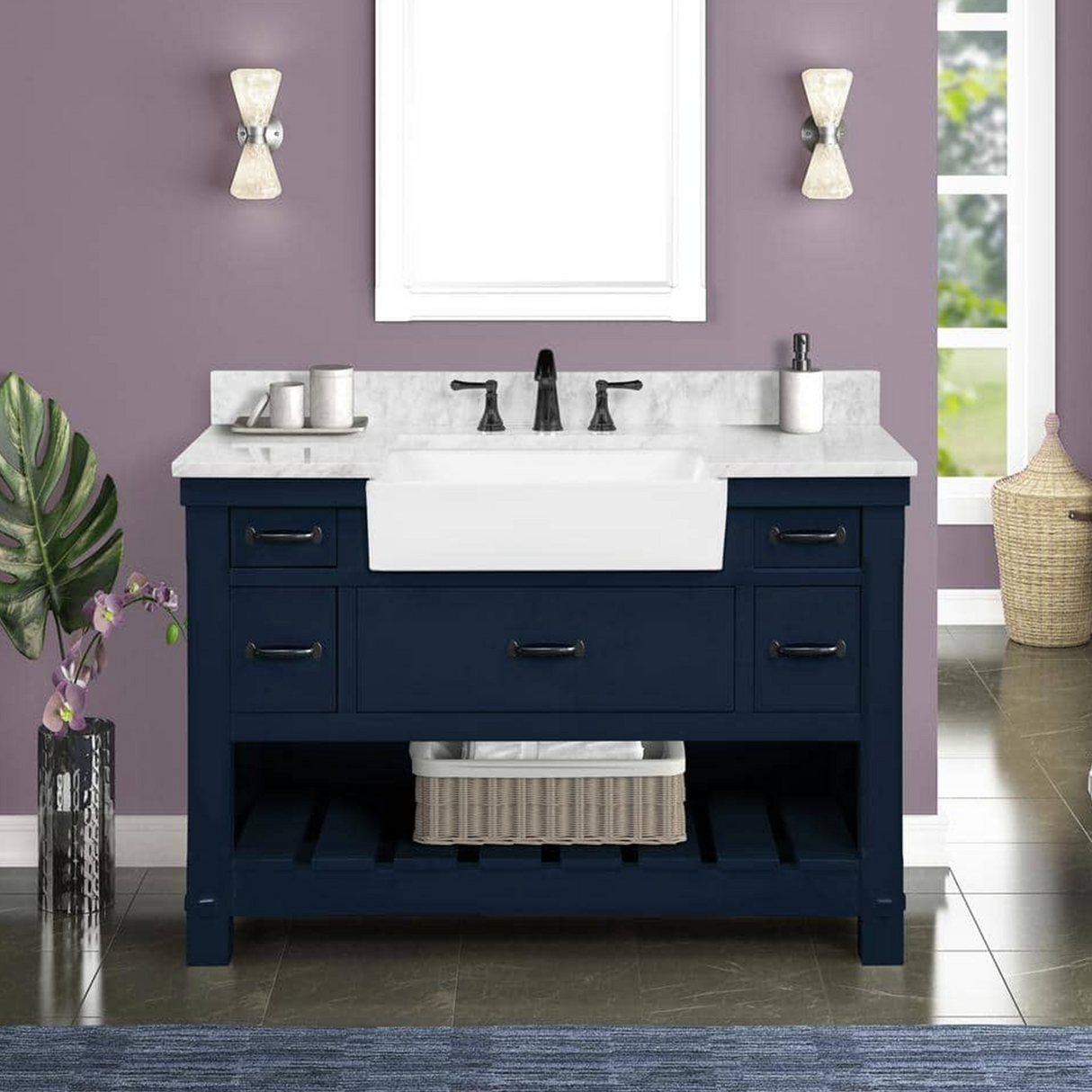 48" Farmington Freestanding Solid Wood Bathroom Vanity in Navy Blue with Carrara Engineered Stone Top with 4 in. Backsplash & Apron Farmhouse Sink