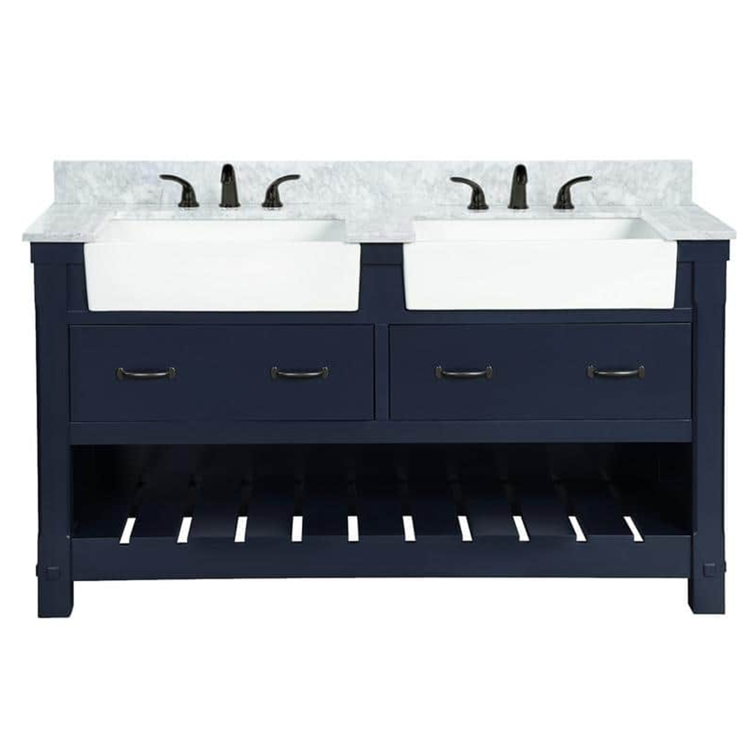 60" Farmington Freestanding Solid Wood Bathroom Vanity in Navy Blue with Carrara Engineered Stone Top with 4 in. Backsplash & Apron Farmhouse Double Sink