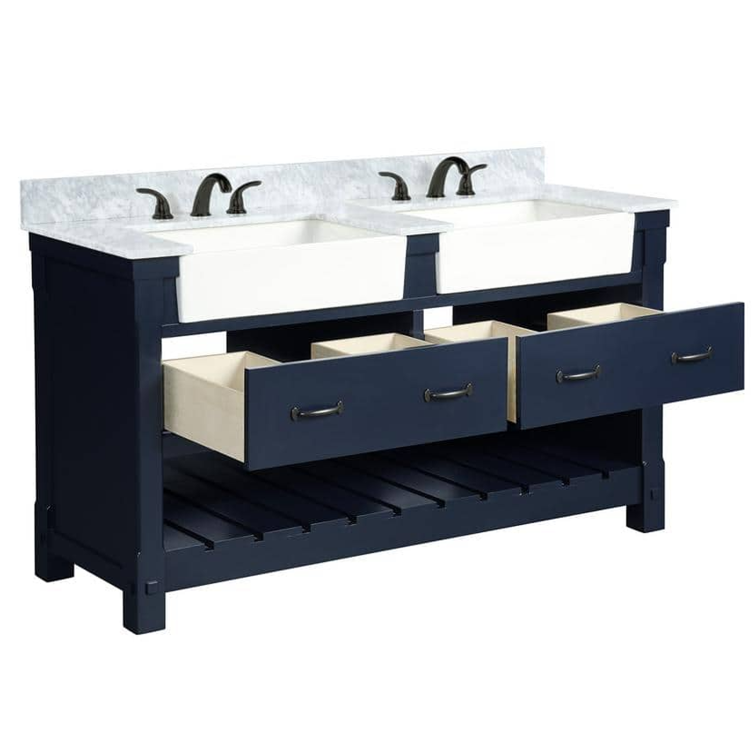 60" Farmington Freestanding Solid Wood Bathroom Vanity in Navy Blue with Carrara Engineered Stone Top with 4 in. Backsplash & Apron Farmhouse Double Sink