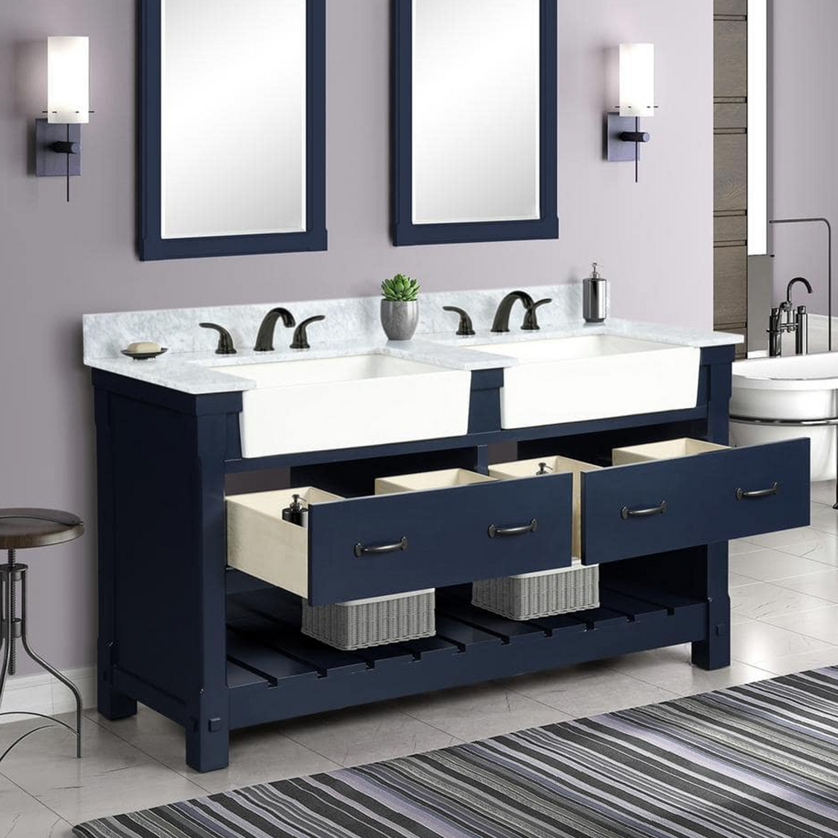 61" Bathroom Vanity in Navy Blue With Double Sink - Premium Farmington Family