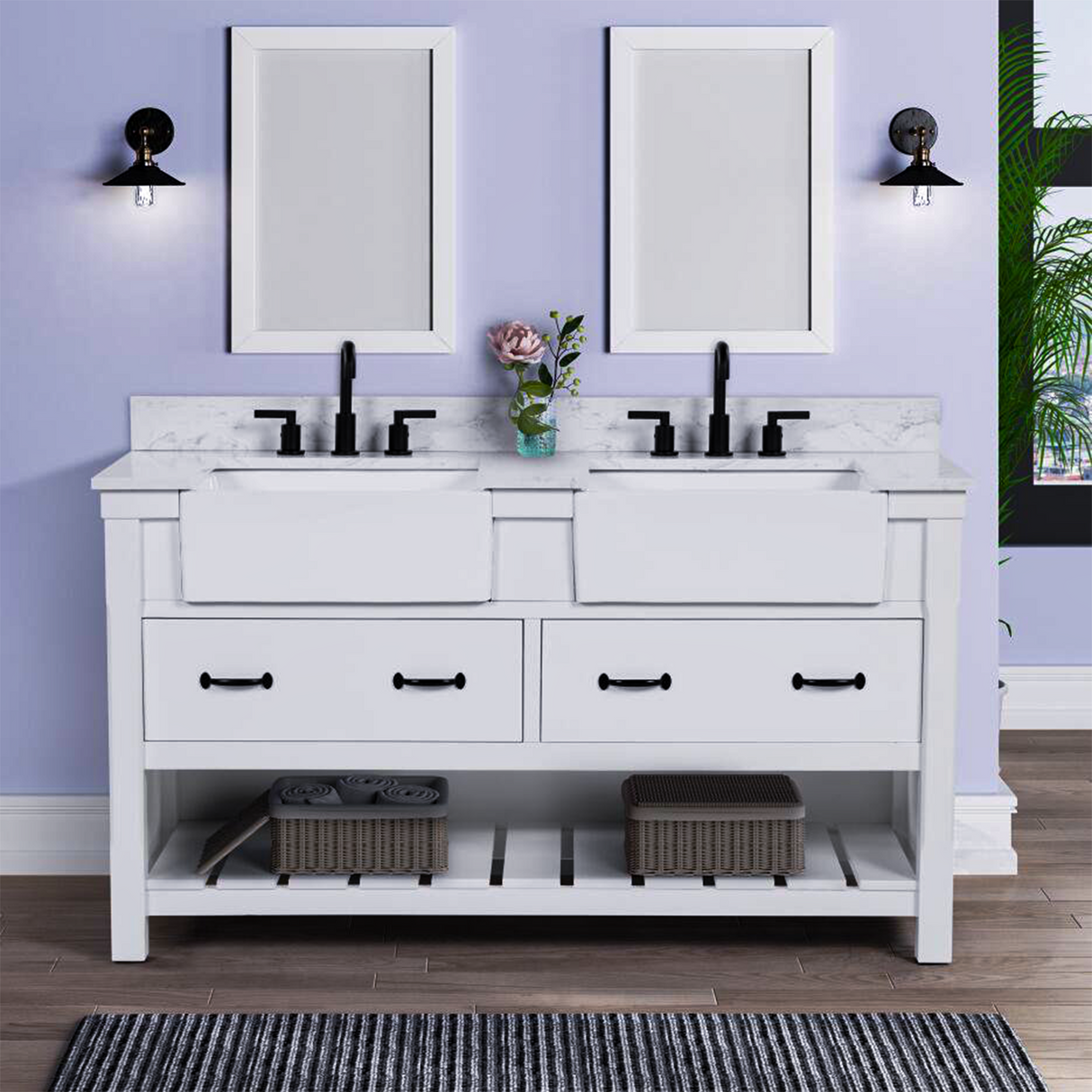 61" Bathroom Vanity in White With Double Sink - Premium Farmington Family
