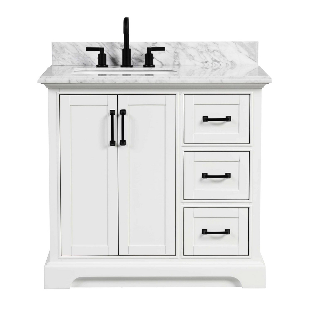 36" Rhoda Freestanding White Solid Wood Bathroom Vanity with Natural Carrara White Marble Sink Top with 4 In. Backsplash