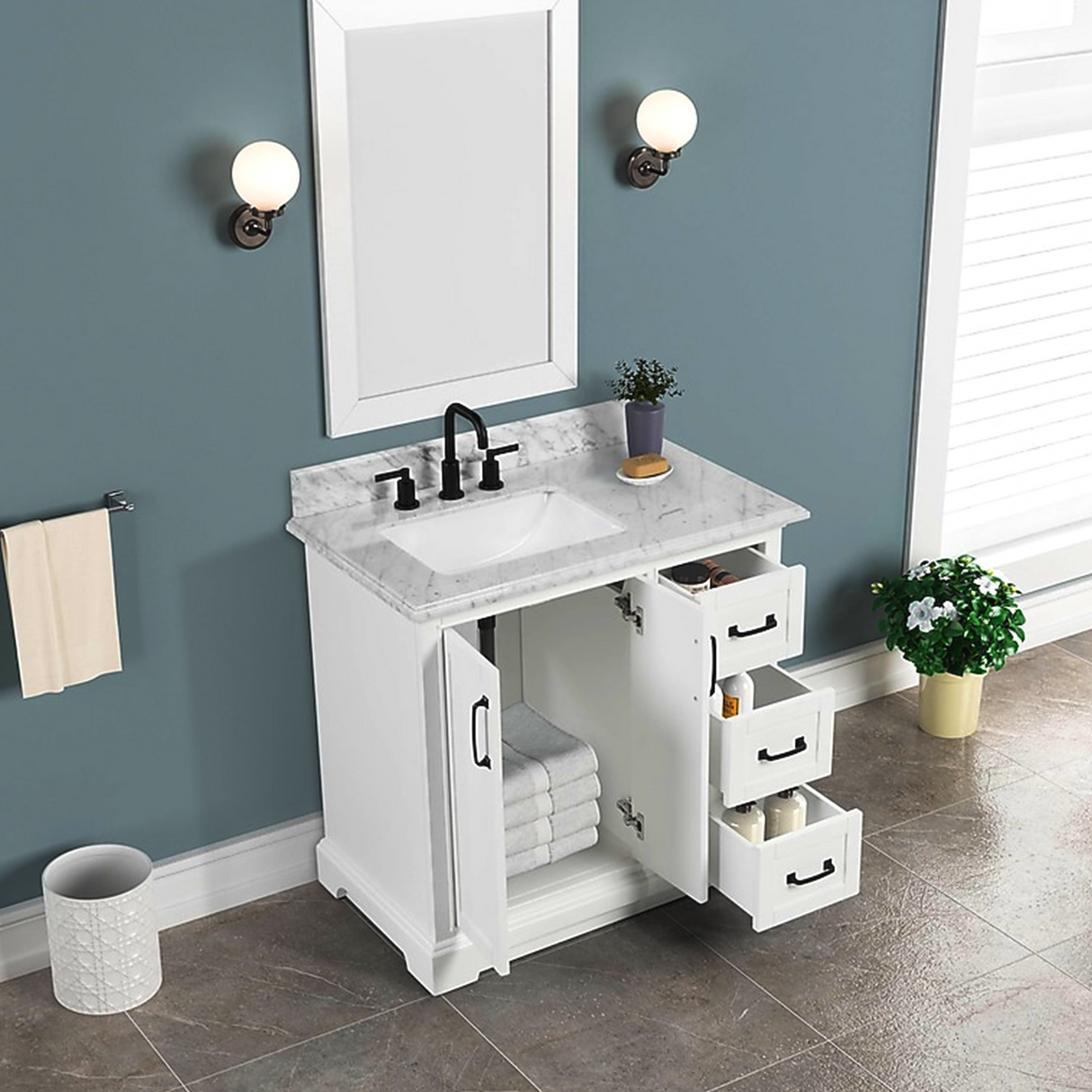 36" Rhoda Freestanding White Solid Wood Bathroom Vanity with Natural Carrara White Marble Sink Top with 4 In. Backsplash