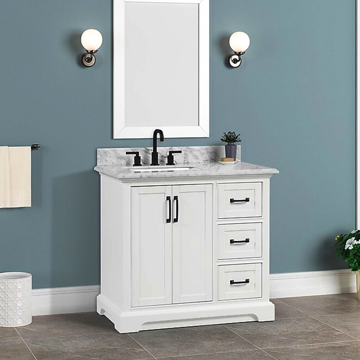 36" Rhoda Freestanding White Solid Wood Bathroom Vanity with Natural Carrara White Marble Sink Top with 4 In. Backsplash