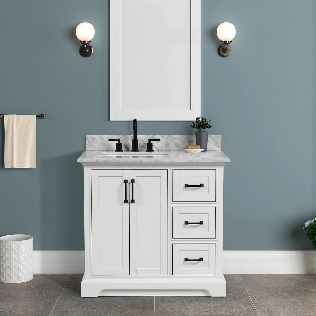 36" Rhoda Freestanding White Solid Wood Bathroom Vanity with Natural Carrara White Marble Sink Top with 4 In. Backsplash