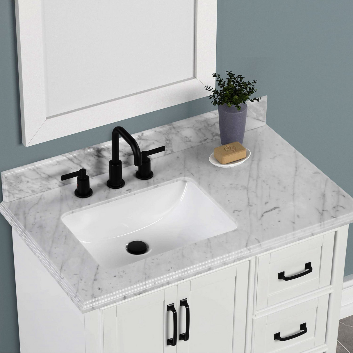 36" Rhoda Freestanding White Solid Wood Bathroom Vanity with Natural Carrara White Marble Sink Top with 4 In. Backsplash