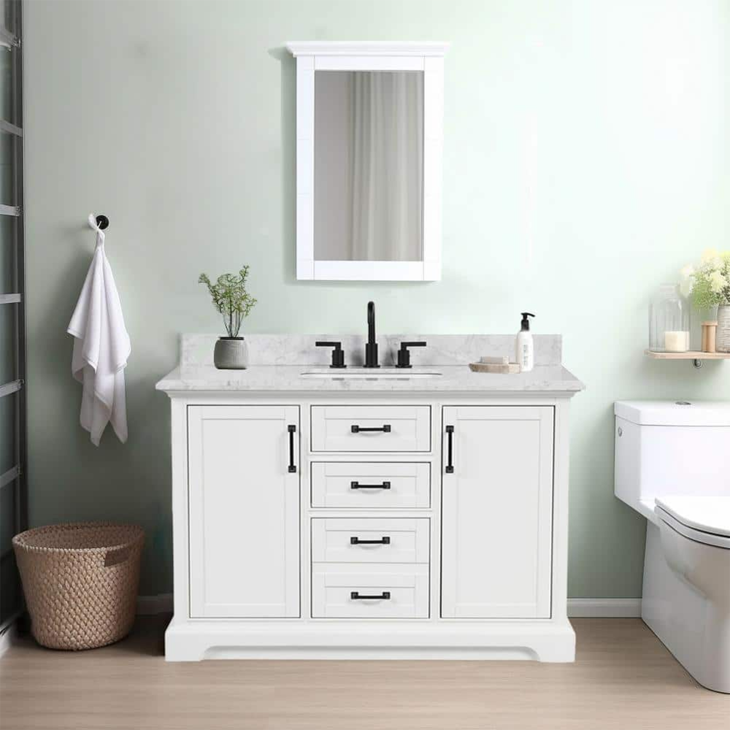 48" Rhoda Freestanding White Solid Wood Bathroom Vanity with Natural Carrara White Marble Sink Top with 4 In. Backsplash