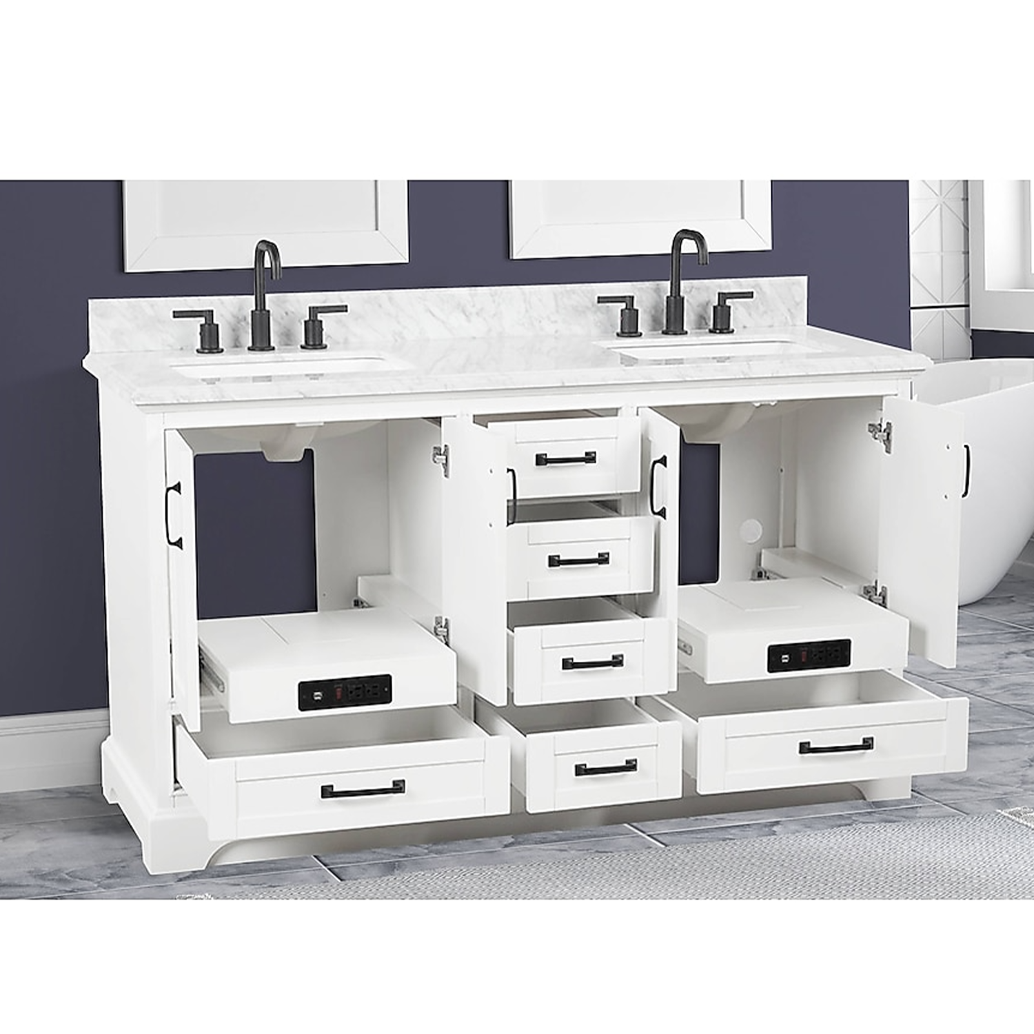 60" Rhoda Freestanding White Solid Wood Bathroom Vanity with Natural Carrara White Marble Double Sink Top with 4 In. Backsplash
