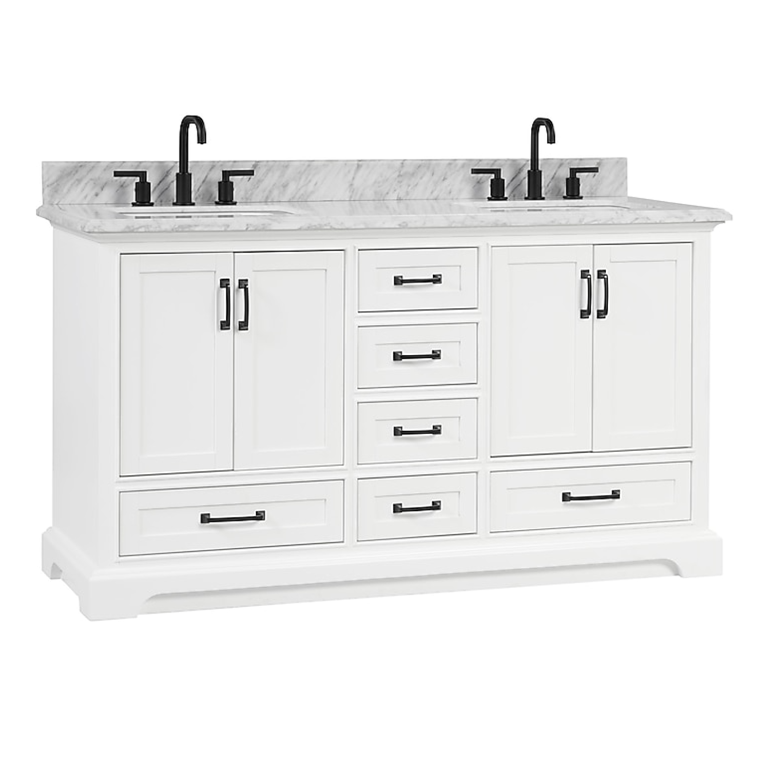 60" Rhoda Freestanding White Solid Wood Bathroom Vanity with Natural Carrara White Marble Double Sink Top with 4 In. Backsplash