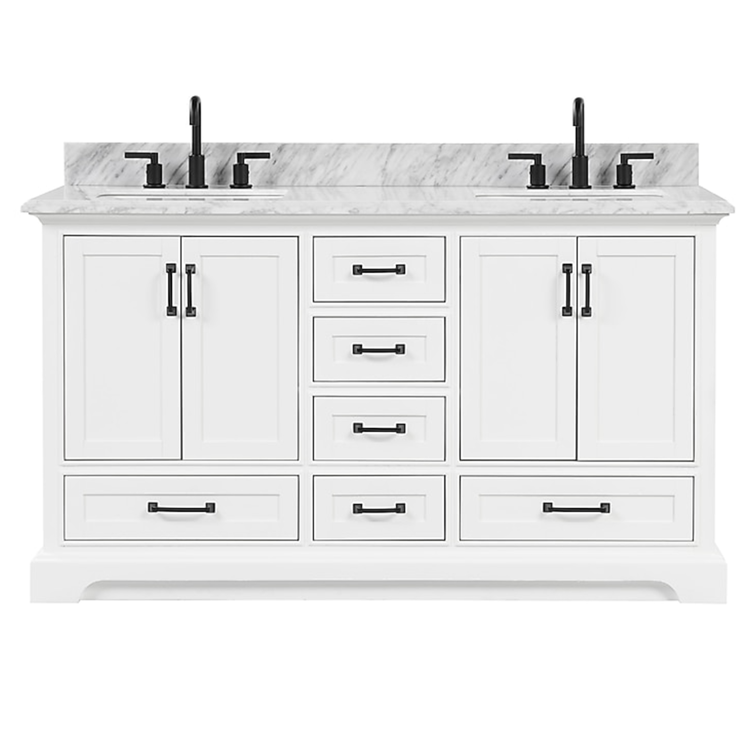 60" Rhoda Freestanding White Solid Wood Bathroom Vanity with Natural Carrara White Marble Double Sink Top with 4 In. Backsplash
