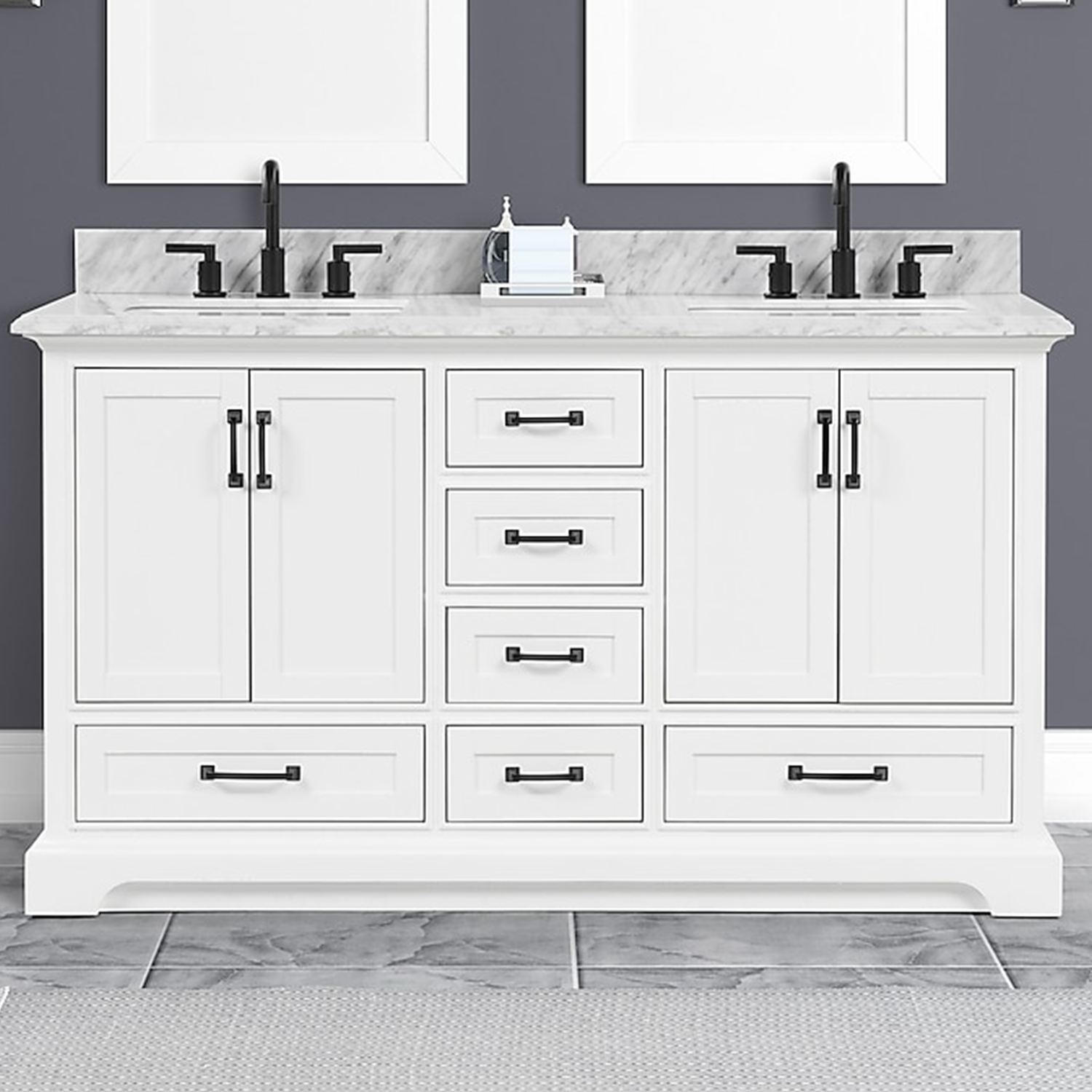 60" Rhoda Freestanding White Solid Wood Bathroom Vanity with Natural Carrara White Marble Double Sink Top with 4 In. Backsplash