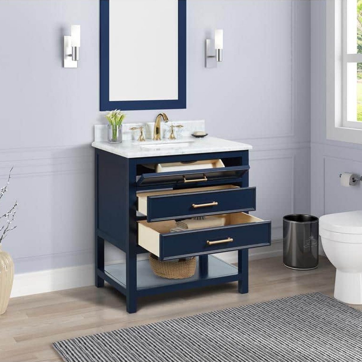 30" Manhattan Freestanding Solid Wood Bathroom Vanity in Navy Blue with Natural Carrara White Marble Sink Top with 4 In. Backsplash