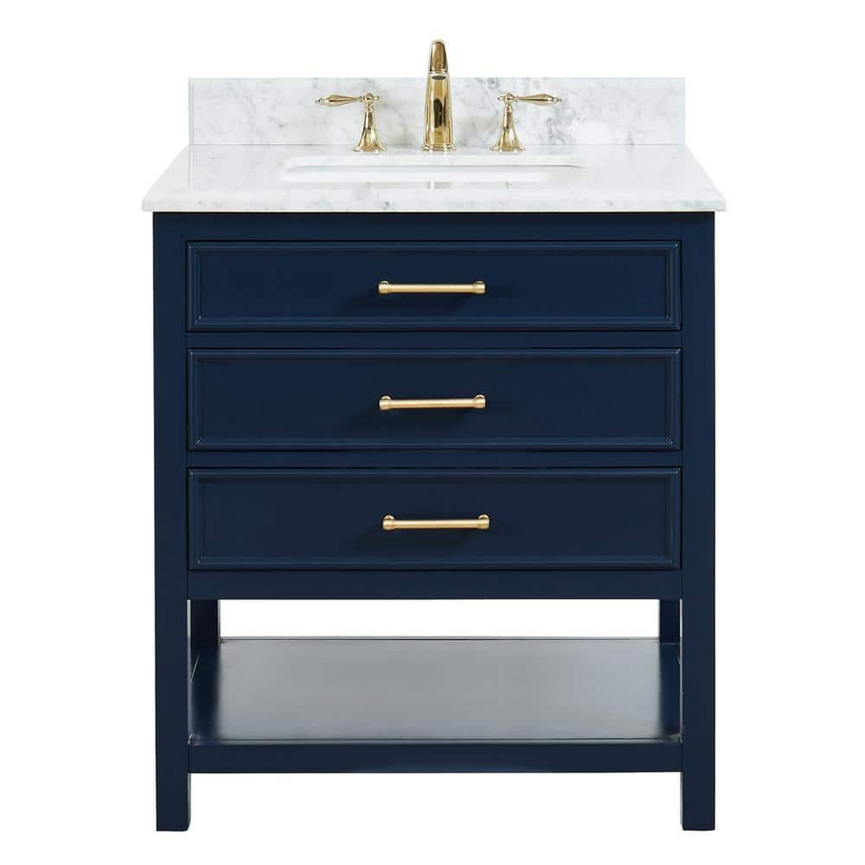 30" Manhattan Freestanding Solid Wood Bathroom Vanity in Navy Blue with Natural Carrara White Marble Sink Top with 4 In. Backsplash