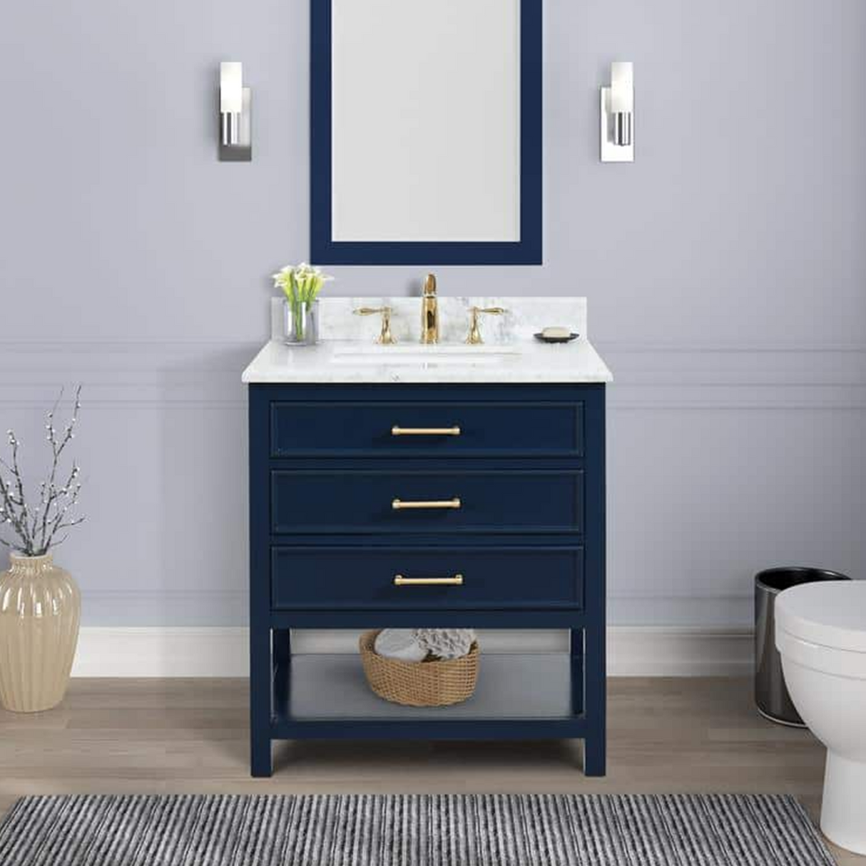 30" Manhattan Freestanding Solid Wood Bathroom Vanity in Navy Blue with Natural Carrara White Marble Sink Top with 4 In. Backsplash