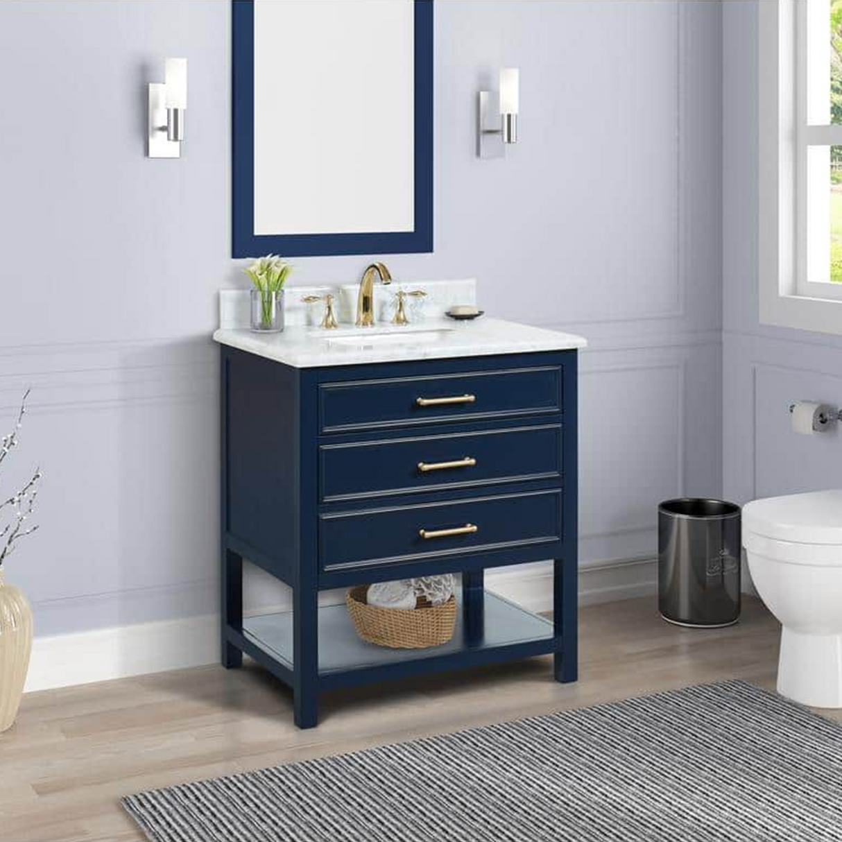 30" Manhattan Freestanding Solid Wood Bathroom Vanity in Navy Blue with Natural Carrara White Marble Sink Top with 4 In. Backsplash