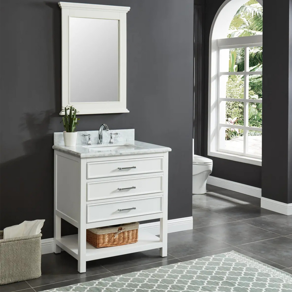 30" Manhattan Freestanding Solid Wood Bathroom Vanity in White with Natural Carrara White Marble Sink Top with 4 In. Backsplash