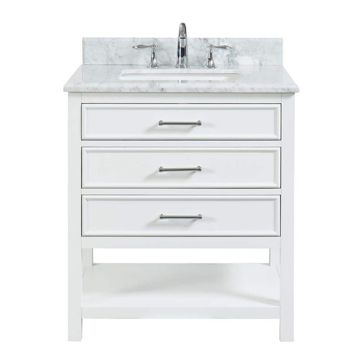 30" Manhattan Freestanding Solid Wood Bathroom Vanity in White with Natural Carrara White Marble Sink Top with 4 In. Backsplash