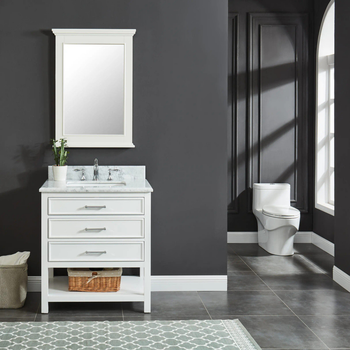 30" Manhattan Freestanding Solid Wood Bathroom Vanity in White with Natural Carrara White Marble Sink Top with 4 In. Backsplash