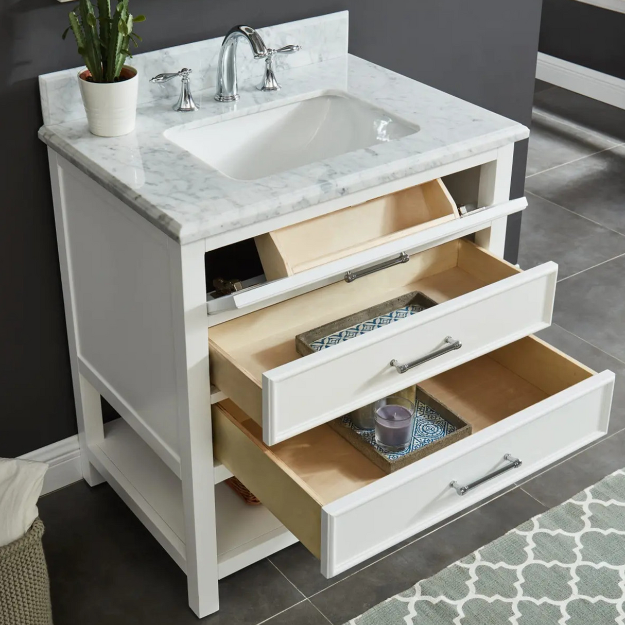 30" Manhattan Freestanding Solid Wood Bathroom Vanity in White with Natural Carrara White Marble Sink Top with 4 In. Backsplash