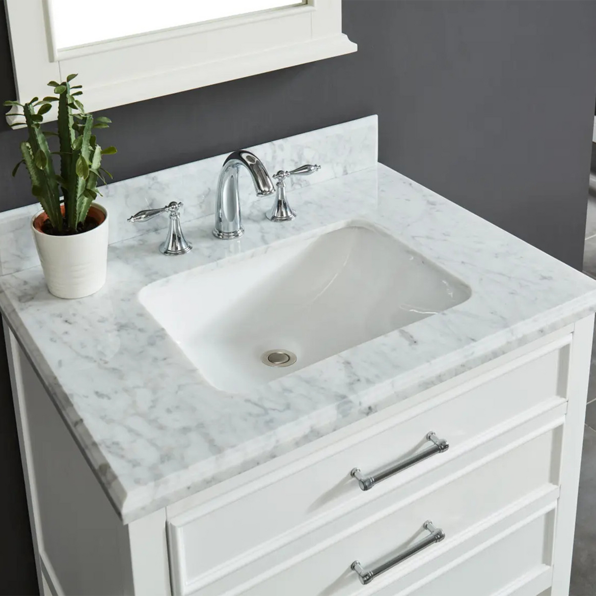 30" Manhattan Freestanding Solid Wood Bathroom Vanity in White with Natural Carrara White Marble Sink Top with 4 In. Backsplash