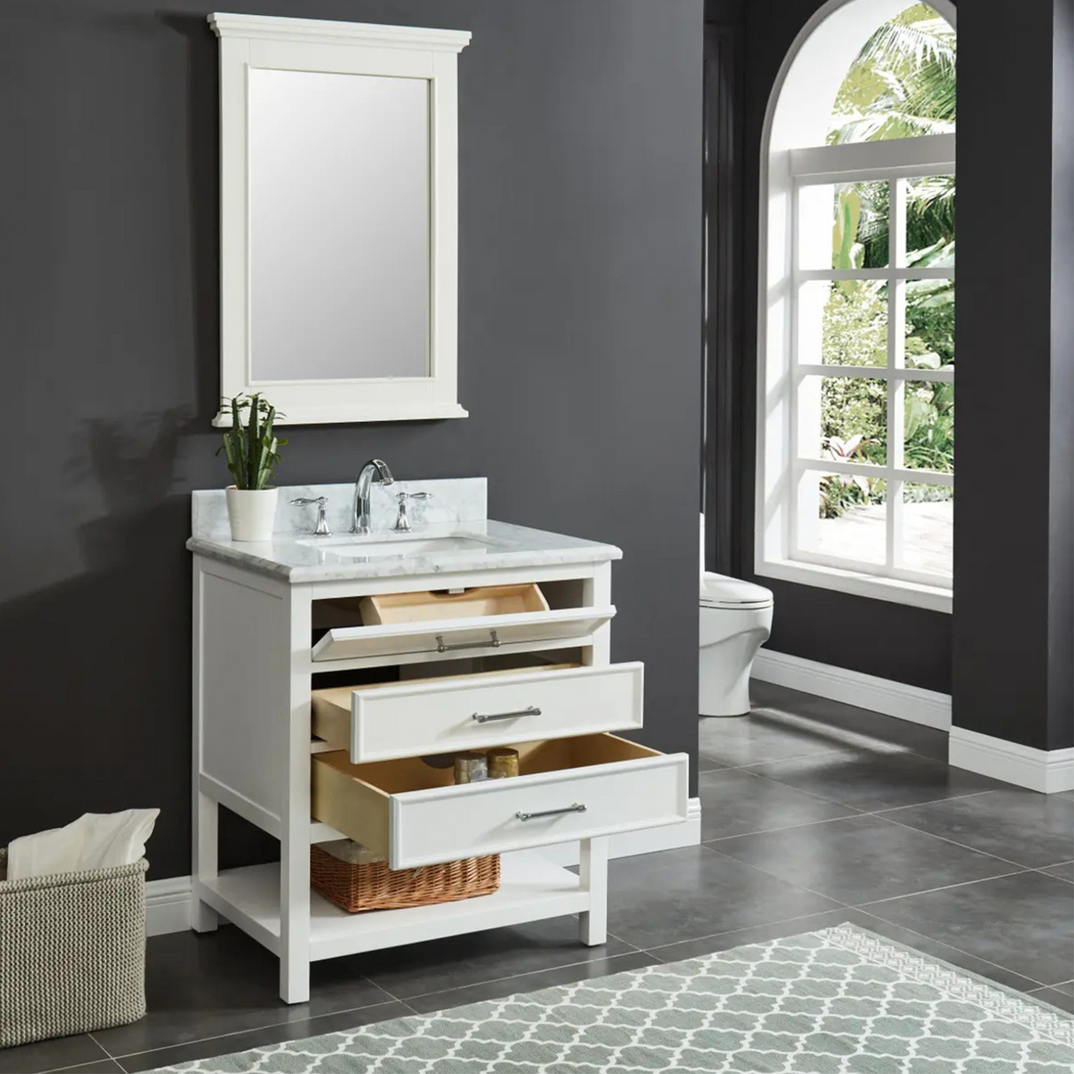 30" Manhattan Freestanding Solid Wood Bathroom Vanity in White with Natural Carrara White Marble Sink Top with 4 In. Backsplash