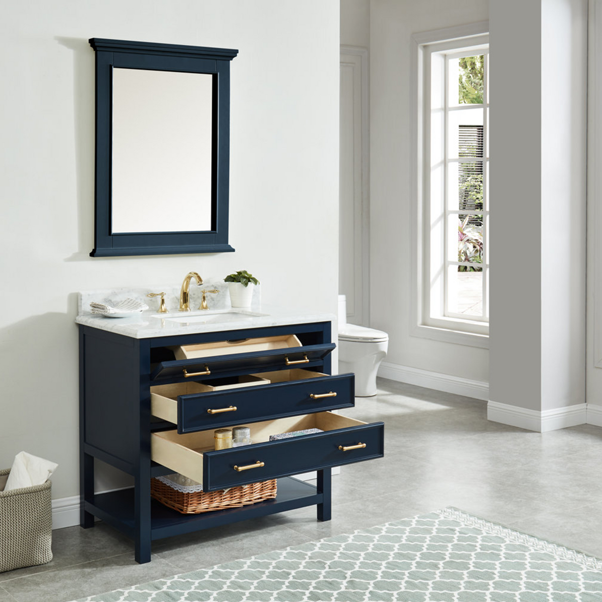 36" Manhattan Freestanding Solid Wood Bathroom Vanity in Navy Blue with Natural Carrara White Marble Sink Top with 4 In. Backsplash