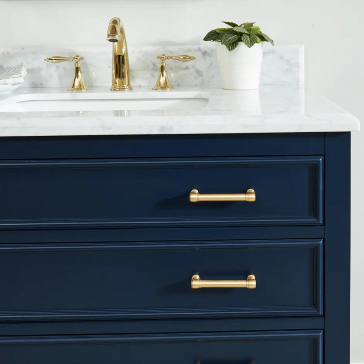 36" Manhattan Freestanding Solid Wood Bathroom Vanity in Navy Blue with Natural Carrara White Marble Sink Top with 4 In. Backsplash
