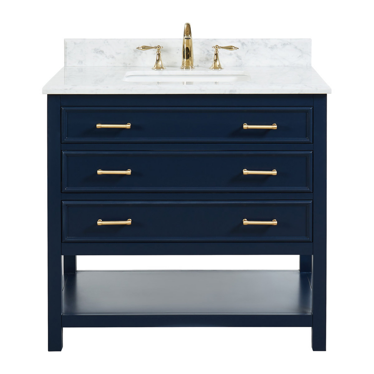 36" Manhattan Freestanding Solid Wood Bathroom Vanity in Navy Blue with Natural Carrara White Marble Sink Top with 4 In. Backsplash
