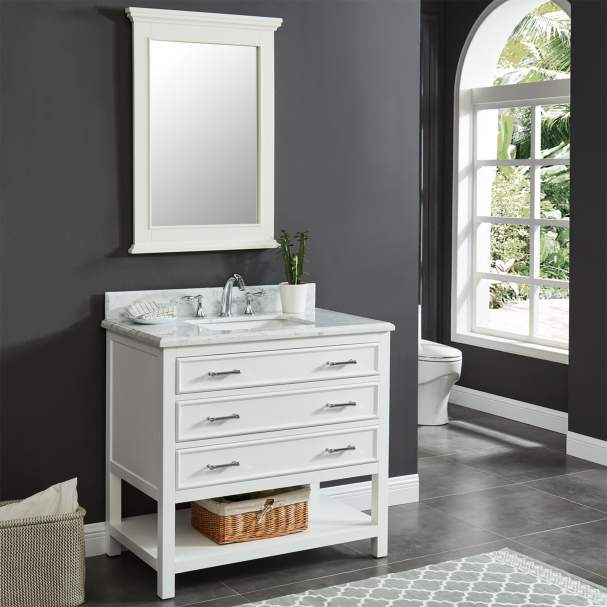 36" Manhattan Freestanding Solid Wood Bathroom Vanity in White with Natural Carrara White Marble Sink Top with 4 In. Backsplash
