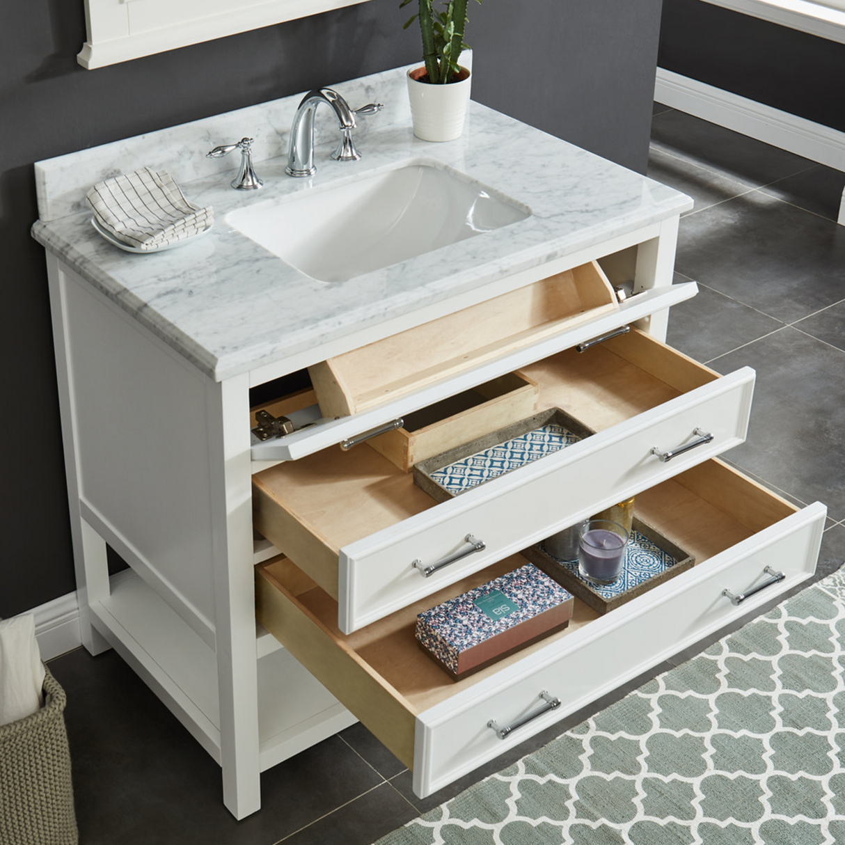 36" Manhattan Freestanding Solid Wood Bathroom Vanity in White with Natural Carrara White Marble Sink Top with 4 In. Backsplash
