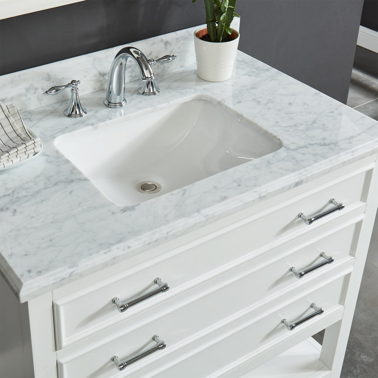 36" Manhattan Freestanding Solid Wood Bathroom Vanity in White with Natural Carrara White Marble Sink Top with 4 In. Backsplash