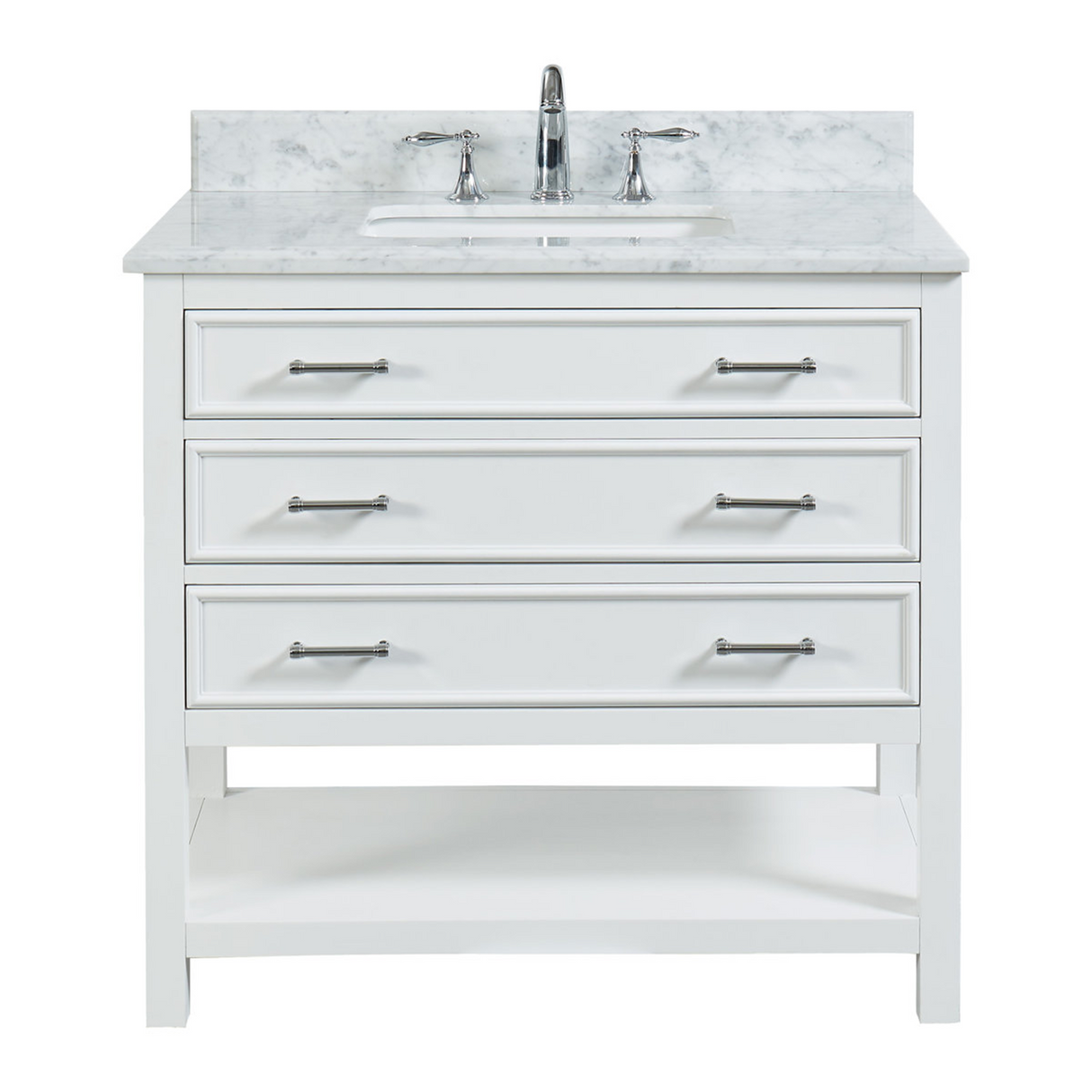 36" Manhattan Freestanding Solid Wood Bathroom Vanity in White with Natural Carrara White Marble Sink Top with 4 In. Backsplash