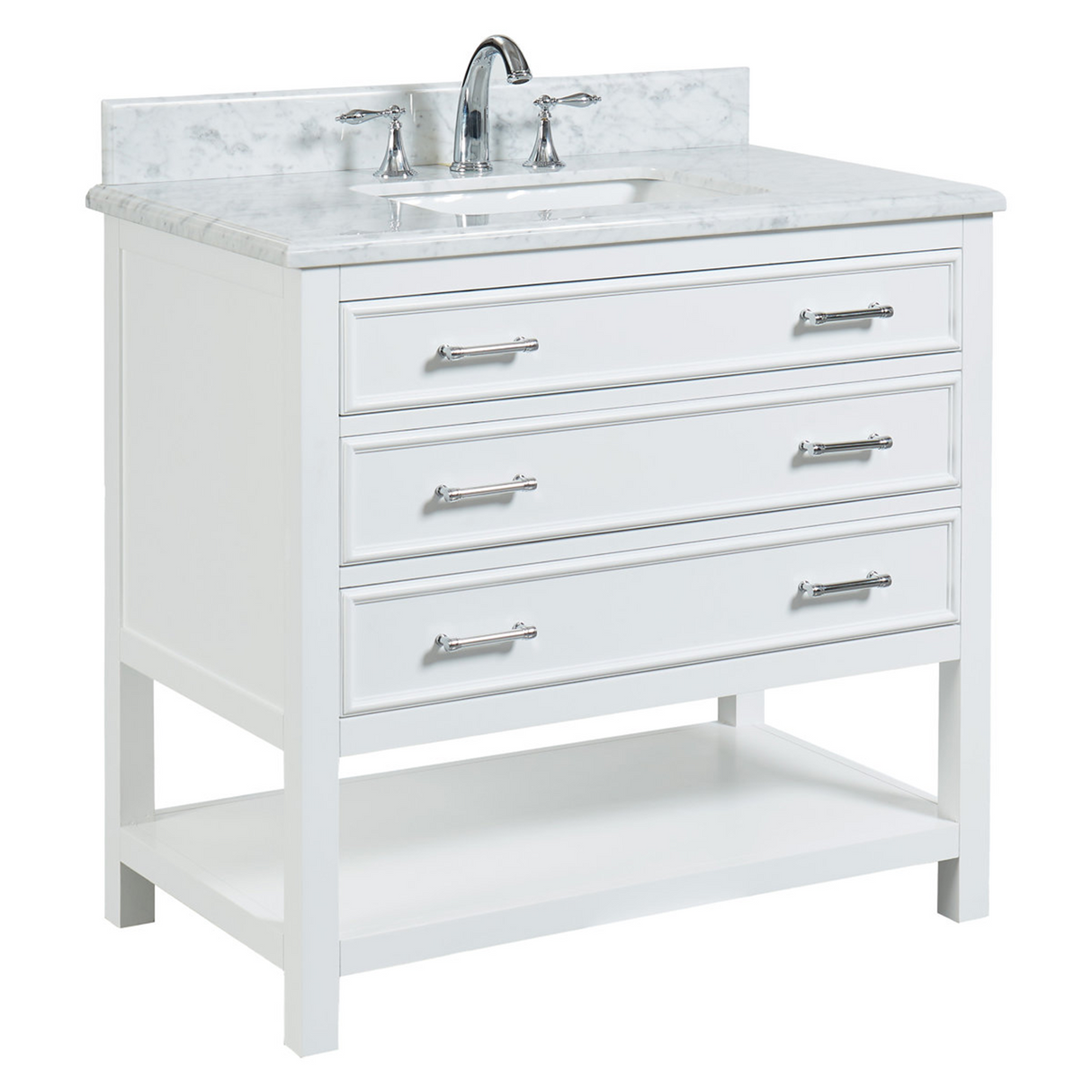 36" Manhattan Freestanding Solid Wood Bathroom Vanity in White with Natural Carrara White Marble Sink Top with 4 In. Backsplash