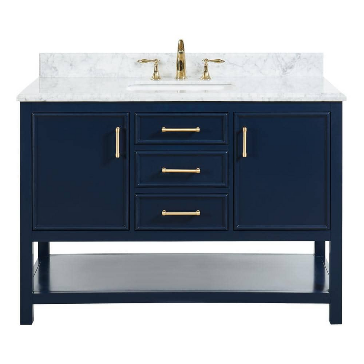 48" Manhattan Freestanding Solid Wood Bathroom Vanity in Navy Blue with Natural Carrara White Marble Sink Top with 4 In. Backsplash