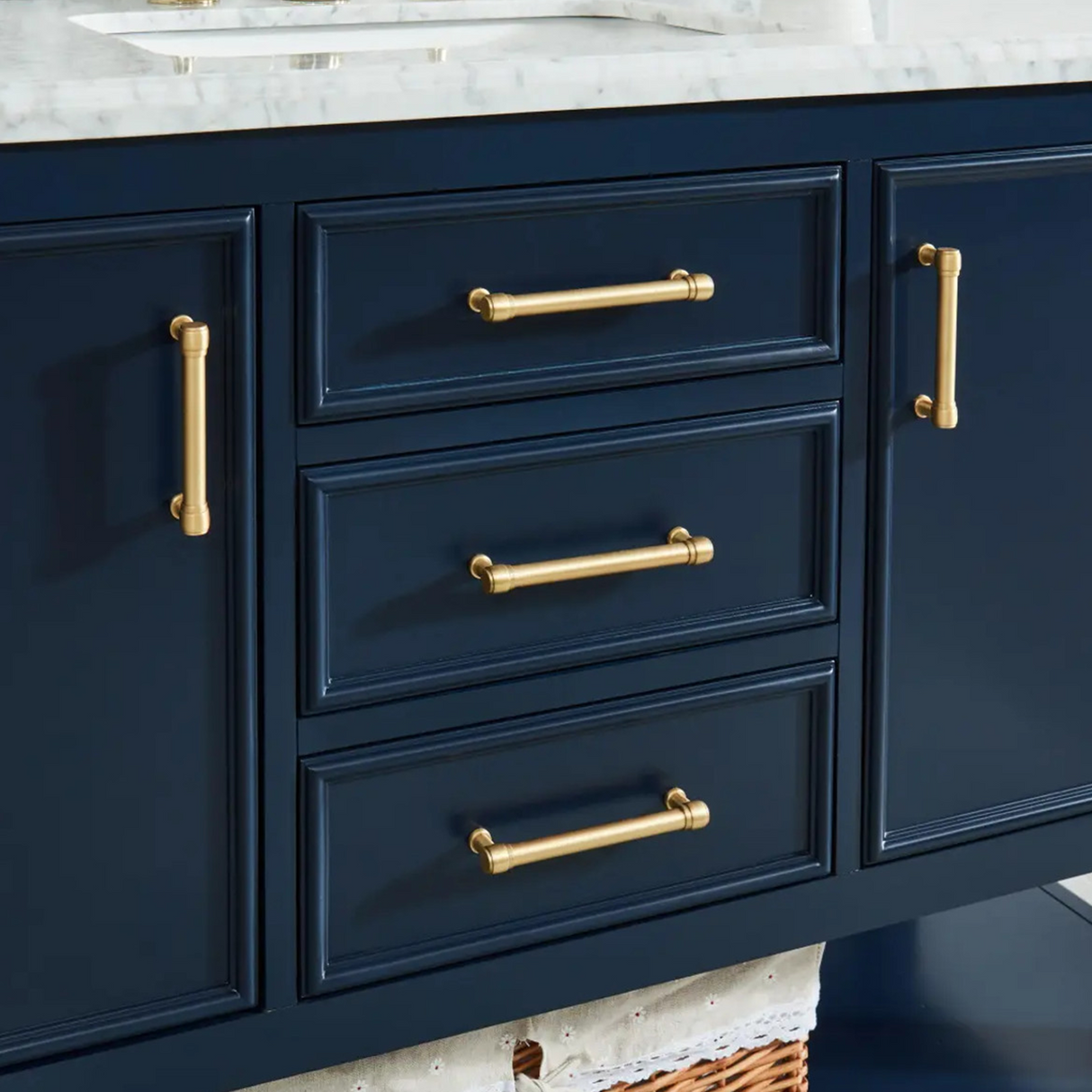 48" Manhattan Freestanding Solid Wood Bathroom Vanity in Navy Blue with Natural Carrara White Marble Sink Top with 4 In. Backsplash