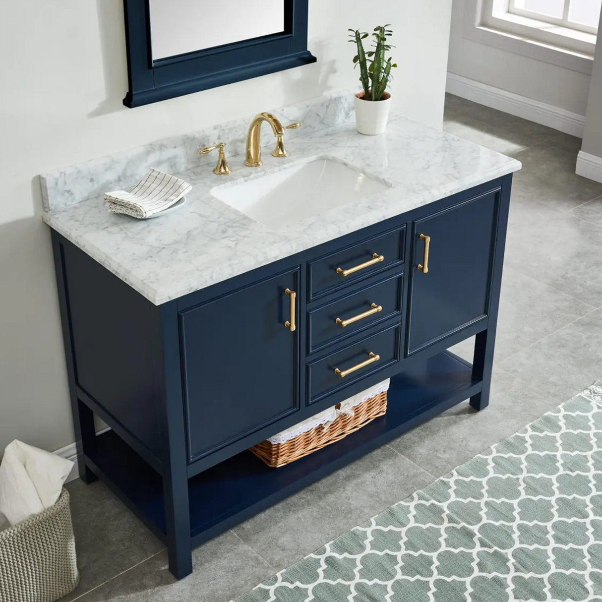 48" Manhattan Freestanding Solid Wood Bathroom Vanity in Navy Blue with Natural Carrara White Marble Sink Top with 4 In. Backsplash