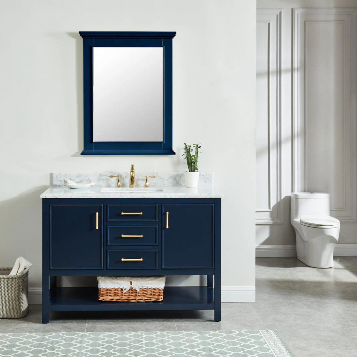 48" Manhattan Freestanding Solid Wood Bathroom Vanity in Navy Blue with Natural Carrara White Marble Sink Top with 4 In. Backsplash